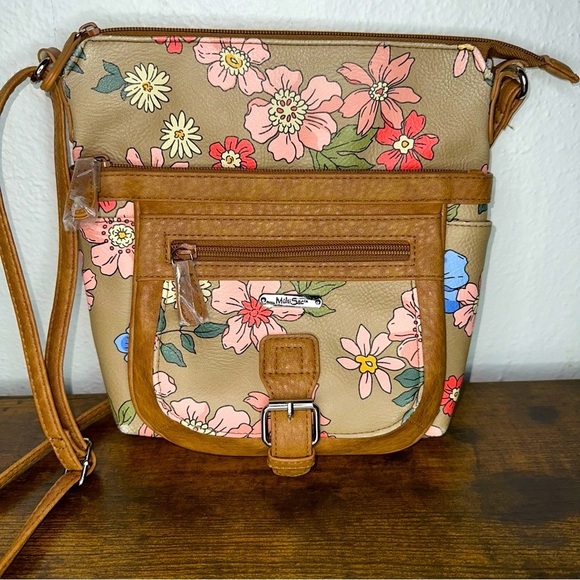 Multi Sac Margate Floral Crossbody Purse Bag in Tan w/ Flower Print - Picture 3 of 7